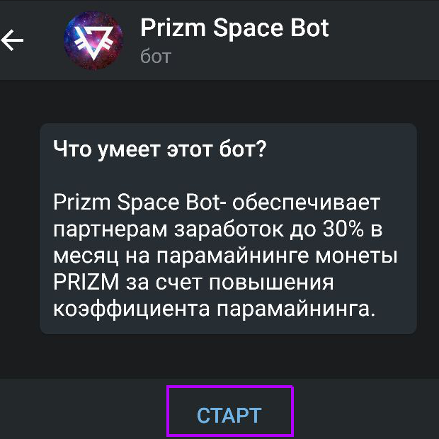 prizm space bot как начать?
